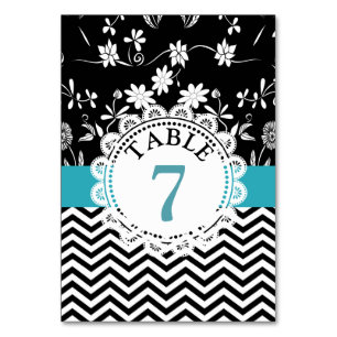 Blue Black Floral Wedding Table Number Card