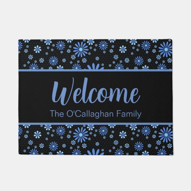 Blue & Black Flower Power Retro Floral Doormat (Front)