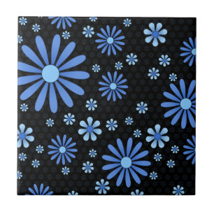 Blue & Black Flower Power Retro Floral Tile