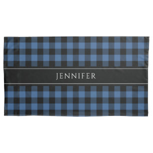 Blue & Black Gingham Plaid Farmhouse Pattern Name Pillowcase