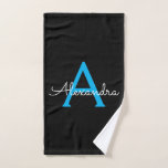 Blue Black Girly Script Monogram Name Hand Towel<br><div class="desc">Black and Blue Simple Script Monogram Name Bath Towel. This makes the perfect sweet 16 birthday,  wedding,  bridal shower,  anniversary,  baby shower or bachelorette party gift for someone that loves glam luxury and chic styles.</div>