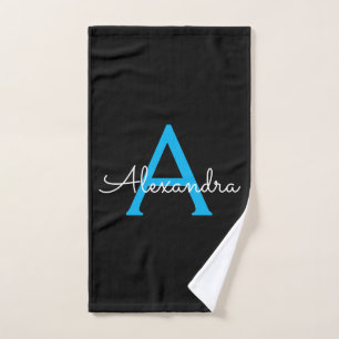 Blue Black Girly Script Monogram Name Hand Towel