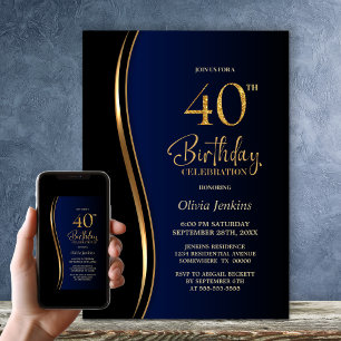 Blue Black Gold 40th Birthday Party Invitation