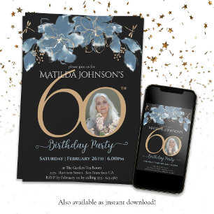 Blue Black Gold Custom Photo Floral 60th Birthday Invitation