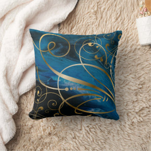 Blue Black Gold Swirls Flourishes Cushion
