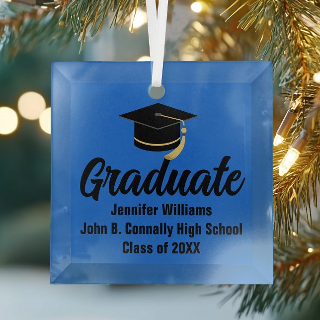 Blue Black Graduate Personalised Graduation Glass Tree Decoration (Creator Uploaded)