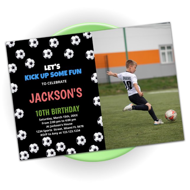 Blue Black Green Soccer Birthday With Photo Invitation (Creator Uploaded)