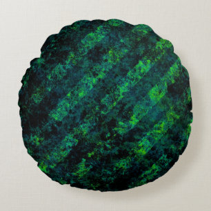 Blue black green striped background with blur, gra round cushion