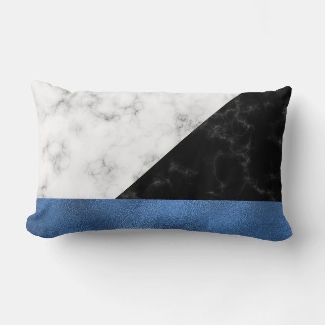 Blue/Black Grey Foil Marble Lumbar Pillow (Front)