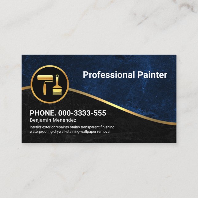Blue Black Grunge Gold Wave Painter Business Card (Front)