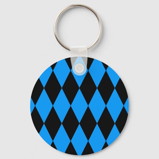 Blue Black Harlequin Diamonds Checkers Design  Key Ring (Front)