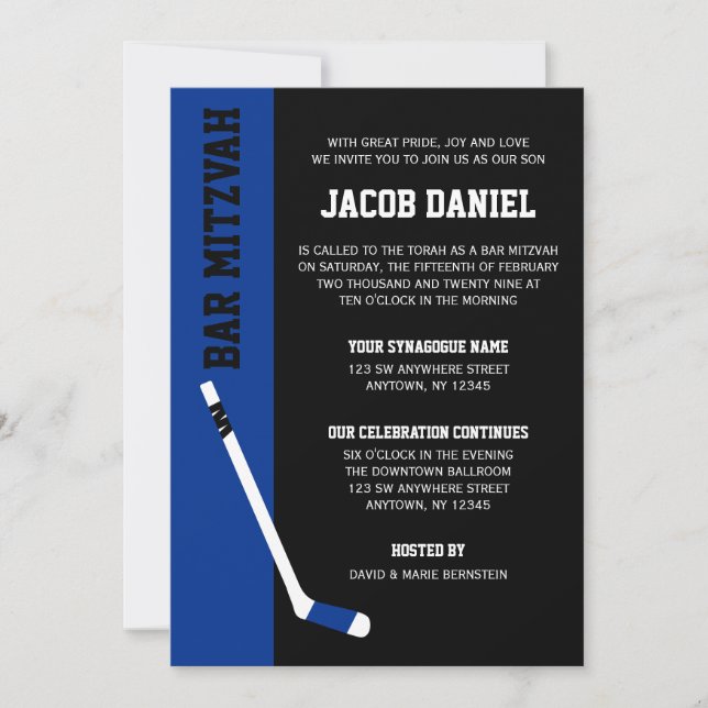 Blue Black Hockey Bar Mitzvah Invitations (Front)