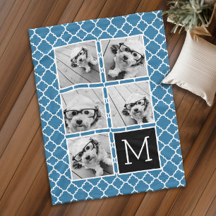 Blue & Black Instagram 5 Photo Collage Monogram Fleece Blanket