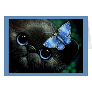 BLUE BLACK KITTEN CAT WITH BUTTERFLY CARD