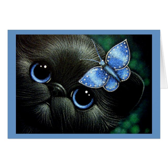 BLUE BLACK KITTEN CAT WITH BUTTERFLY CARD (Front Horizontal)