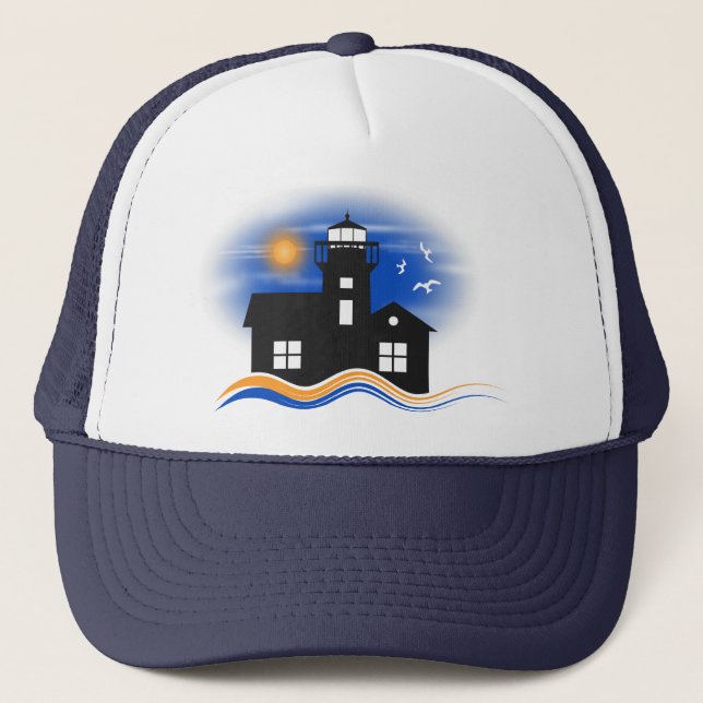 Blue Black Lighthouse Seascape Silhouette Cap (Front)