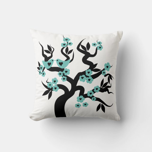 Blue black Love birds sakura cherry tree  blossoms Cushion (Front)