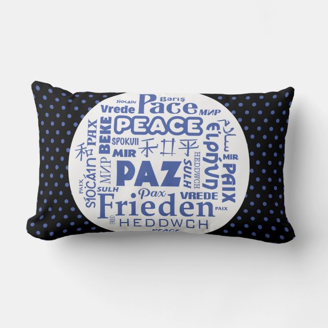 Blue/black Lumbar pillow/peace in multi-languages Cushion (Front)