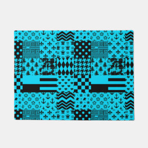 Blue Black Mixed Patterns Patchwork Design  Doormat