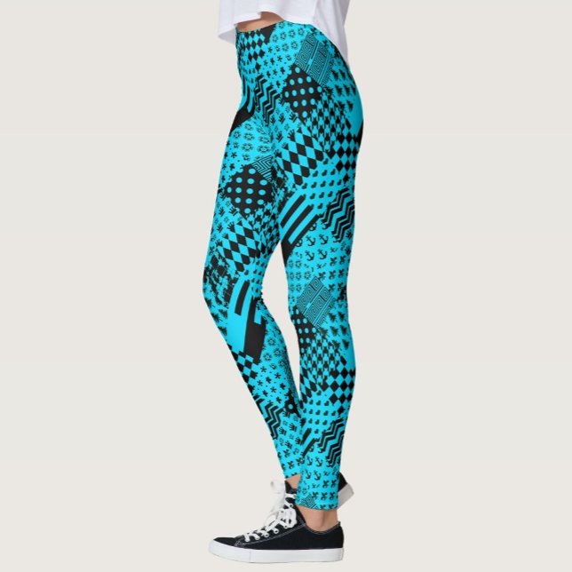 Blue Black Mixed Patterns Patchwork Design  Leggings (Creator Uploaded)