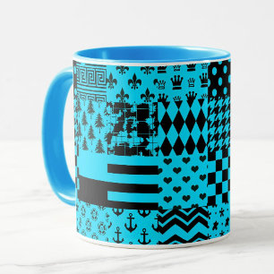 Blue Black Mixed Patterns Patchwork Design  Mug