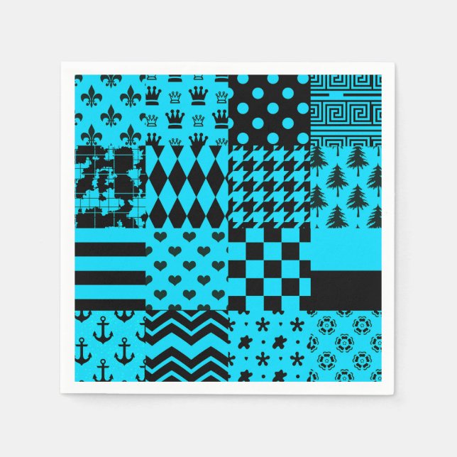 Blue Black Mixed Patterns Patchwork Design  Napkin (Front)