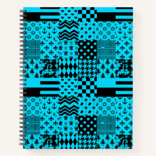 Blue Black Mixed Patterns Patchwork Design  Notebook