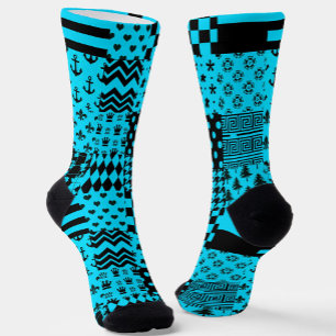 Blue Black Mixed Patterns Patchwork Design Socks