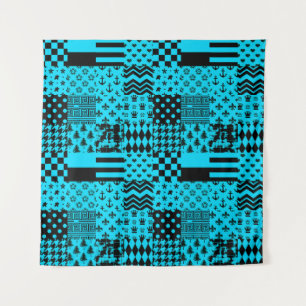 Blue Black Mixed Patterns Patchwork Design Tapestry