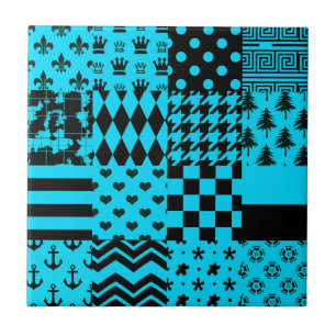 Blue Black Mixed Patterns Patchwork Design Tile