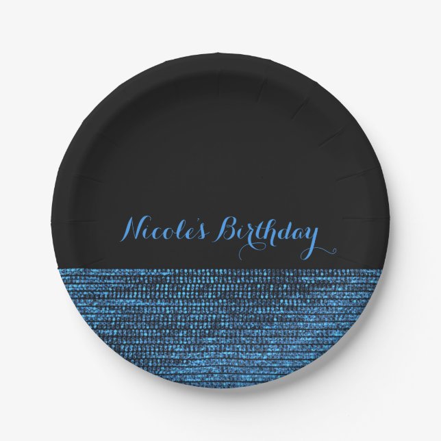 Blue & Black Modern Glam Sequins Chic Party Paper Plate (Front)