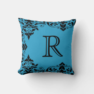 Blue & Black Monogram Damask Pillow