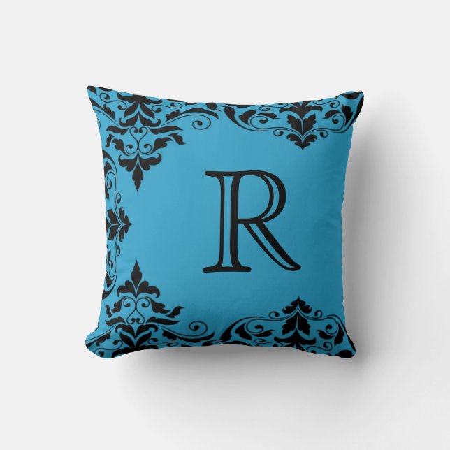 Blue & Black Monogram Damask Pillow (Front)