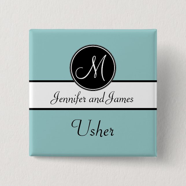 Blue Black Monogram Wedding Usher Button (Front)