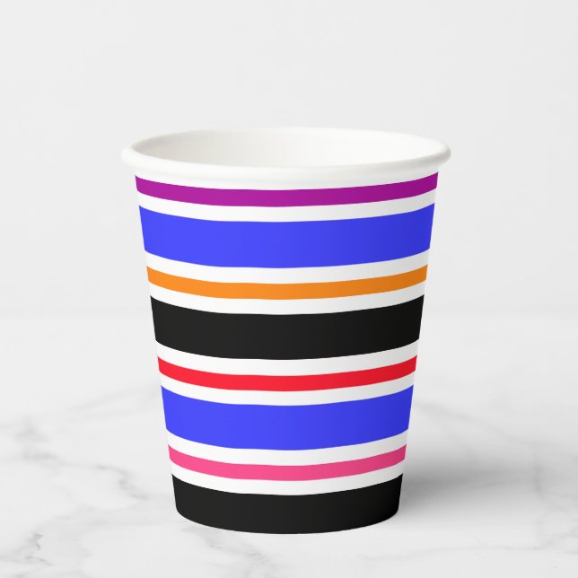 Blue Black Multi-coloured Colours Stripes Paper Cups (Front)