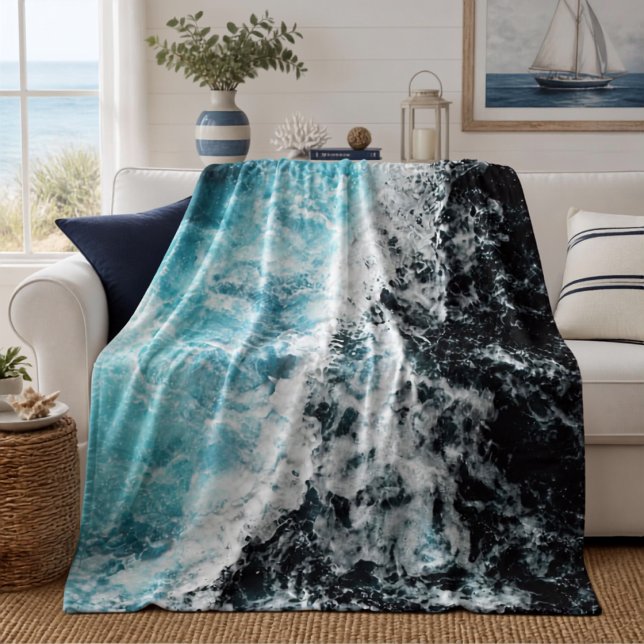 Blue Black Ocean Waves Hawaii Fleece Blanket (Creator Uploaded)
