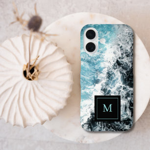 Blue Black Ocean Waves Hawaii Monogram iPhone 16 Case