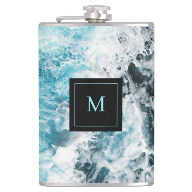 Blue Black Ocean Waves Hawaii Monogram Hip Flask (Front)