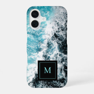 Blue Black Ocean Waves Hawaii Monogram iPhone 16 Case
