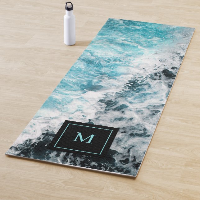 Blue Black Ocean Waves Hawaii Monogram Yoga Mat (In Situ)