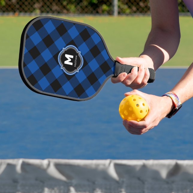 Blue Black Plaid Monogram Name Pickleball Paddle (Insitu)