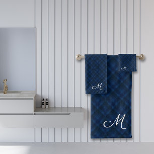 Blue Black Plaid Pattern Monogrammed Bath Towel Set