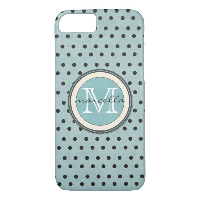 Blue Black Polka Dots Background Monogram Case-Mate iPhone Case (Back)