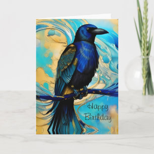 Blue Black Raven, blue and gold abstract Birthday Note Card