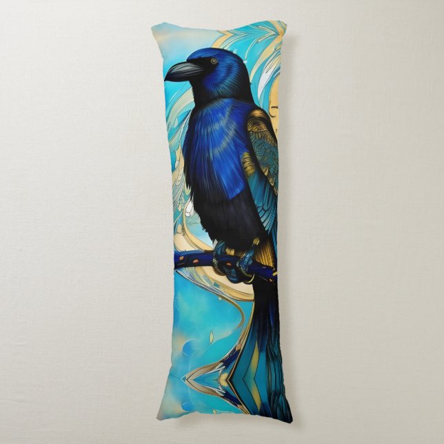 Blue Black Raven, blue and gold abstract Body Cushion (Front Vertical)