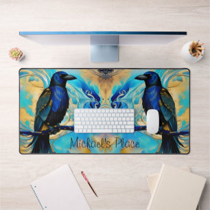 Blue Black Raven, blue and gold abstract Desk Mat