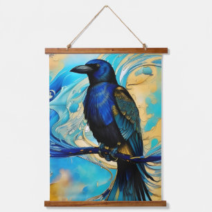 Blue Black Raven on blue and gold abstract Hanging Tapestry