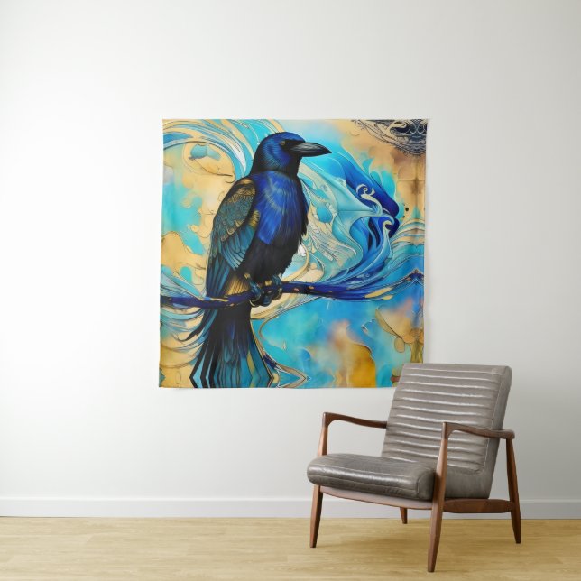 Blue Black Raven on blue and gold abstract Tapestry (In Situ)
