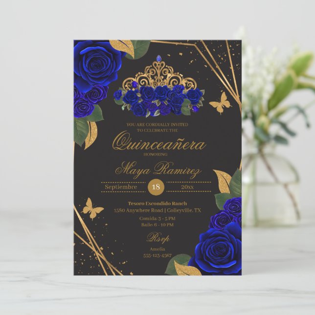Blue Black Roses Tiara Gold Glitter Quinceañera  Invitation (Standing Front)