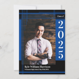 Blue Black School Colour Graduation Photo Plaid Invitation
